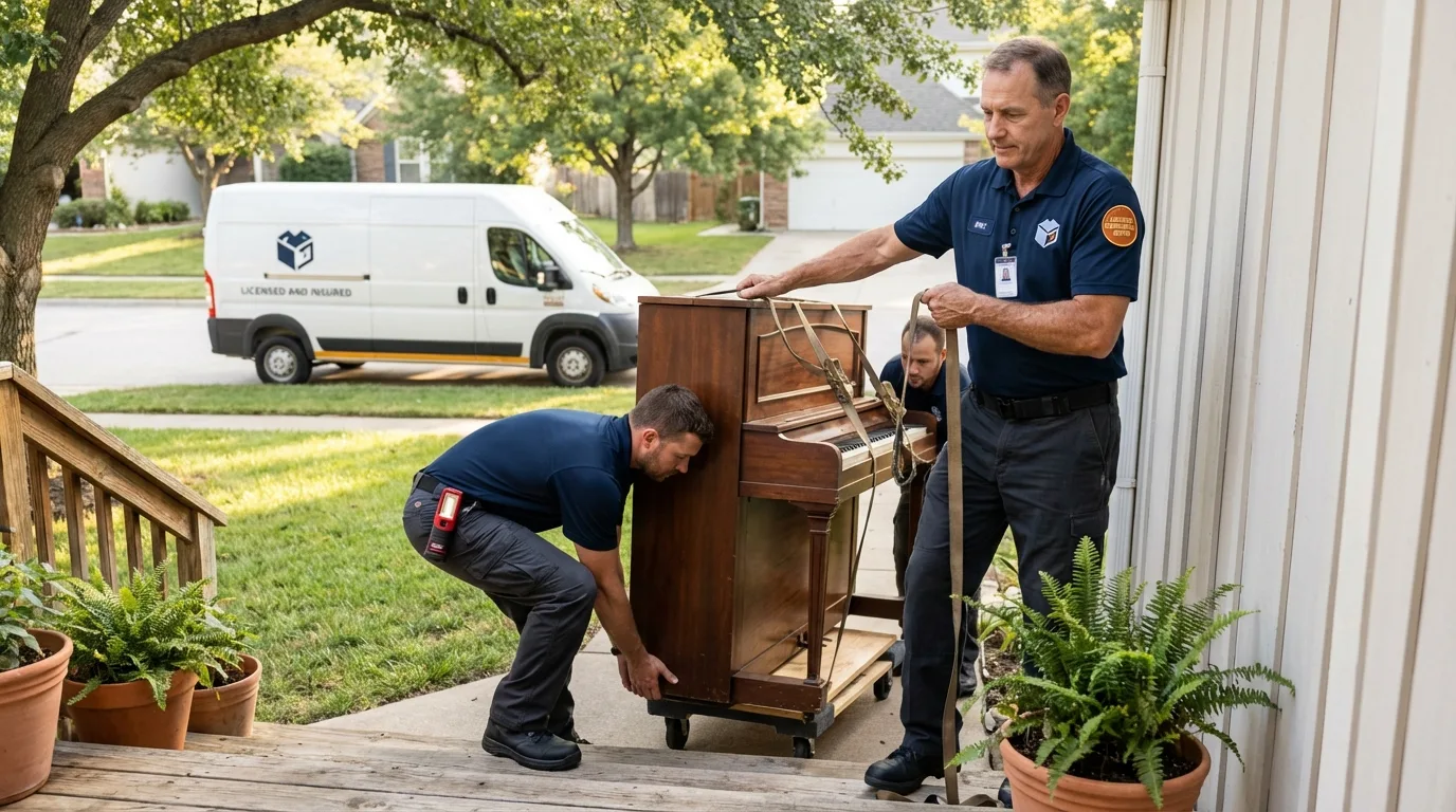 Licensed piano movers securing grand piano in Darien, CT