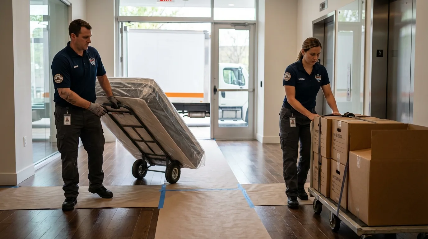 Professional apartment movers loading elevator in Darien, CT