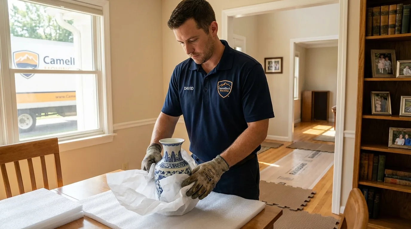 Professional crew carefully wrapping antique vase for senior downsizing move in Darien, CT