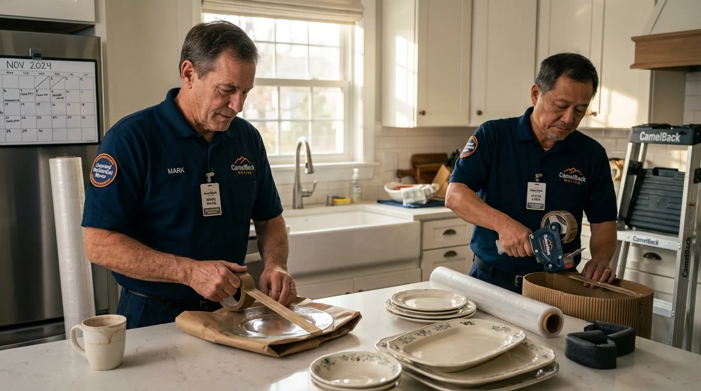 Professional crew packing kitchen dishware in Darien, CT